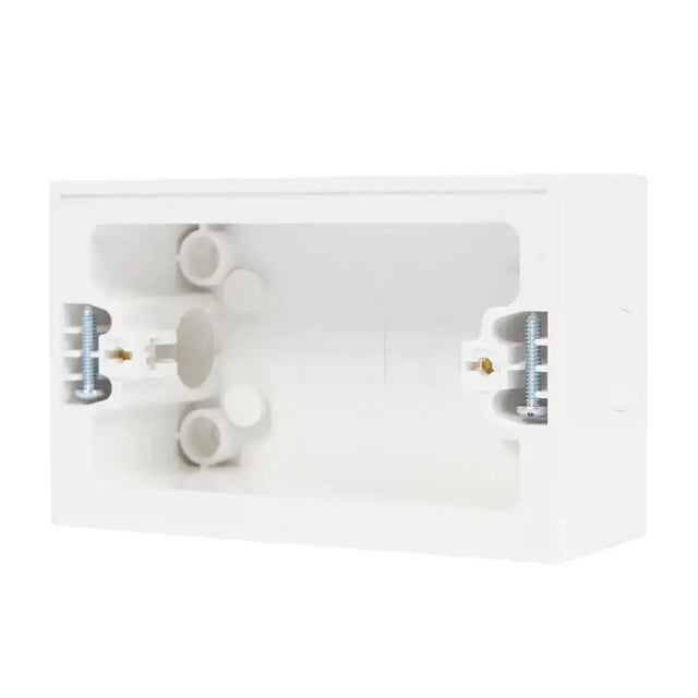 White plastic component with cylindrical holes and metal screws on a white background