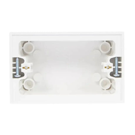 White electrical box with mounting hardware on a white background