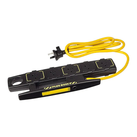 Black power strip with yellow cord on a white background