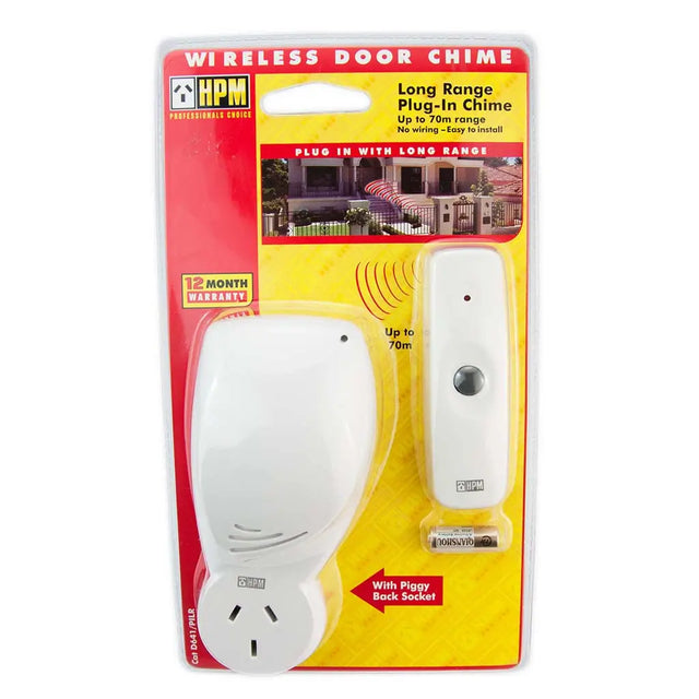 HPM wireless door chime packaging with a white chime on a yellow background