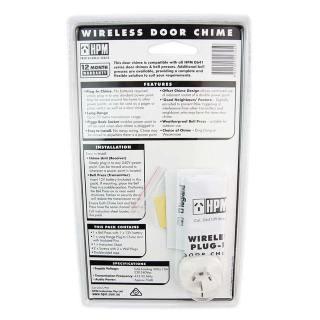 HPM wireless door chime packaging with product and specifications on a white background