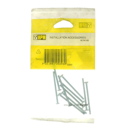 Pack of screws with a yellow HPM label on a white background
