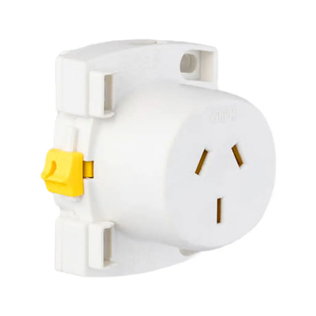 White electrical plug with a yellow safety switch on a white background