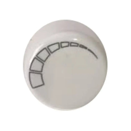 Round white control knob with black markings on a white background