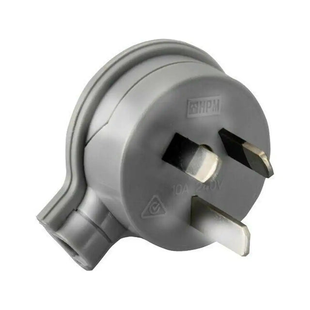 Gray plug with visible branding on a white background