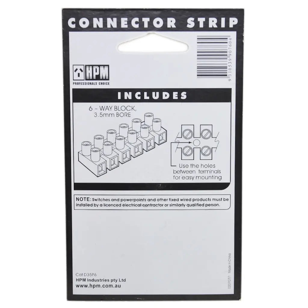 HPM connector strip packaging with text and diagram on a white background