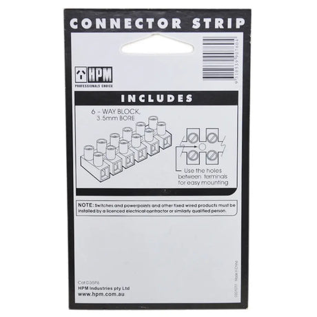 HPM connector strip packaging with text and diagram on a white background