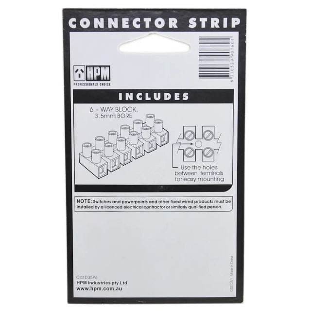 HPM connector strip packaging with text and diagram on a white background
