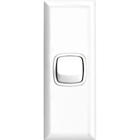 White light switch with a silver rocker on a white background
