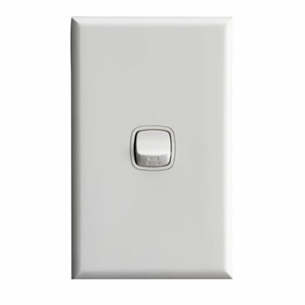 White light switch with a silver rocker switch on a white background
