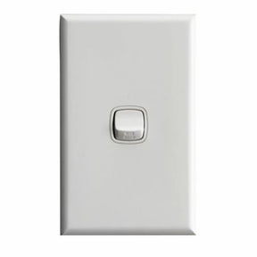 White light switch with a silver rocker switch on a white background