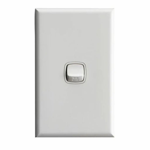 White light switch with a silver rocker switch on a white background