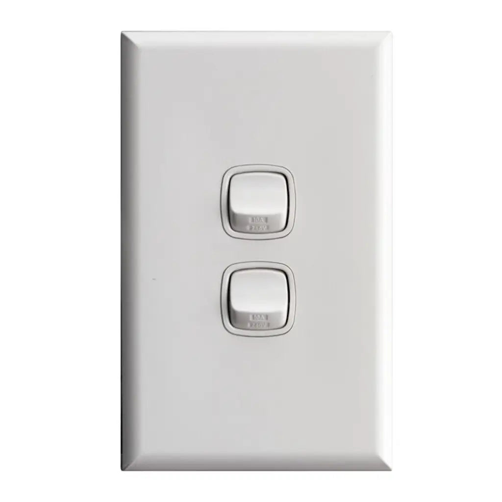 White wall switch with two rocker switches on a white background