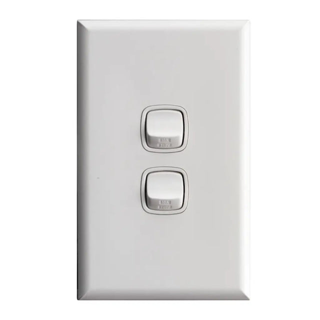 White wall switch with two rocker switches on a white background