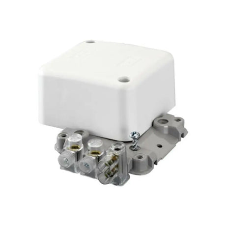 Mechanical component with white housing and metal parts on a white background