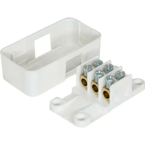White electrical junction box with brass connectors on a white background