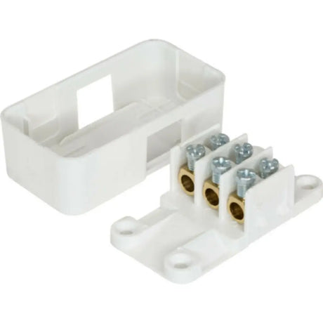 White electrical junction box with brass connectors on a white background