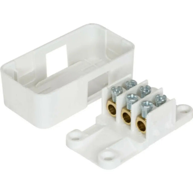 White electrical junction box with brass connectors on a white background