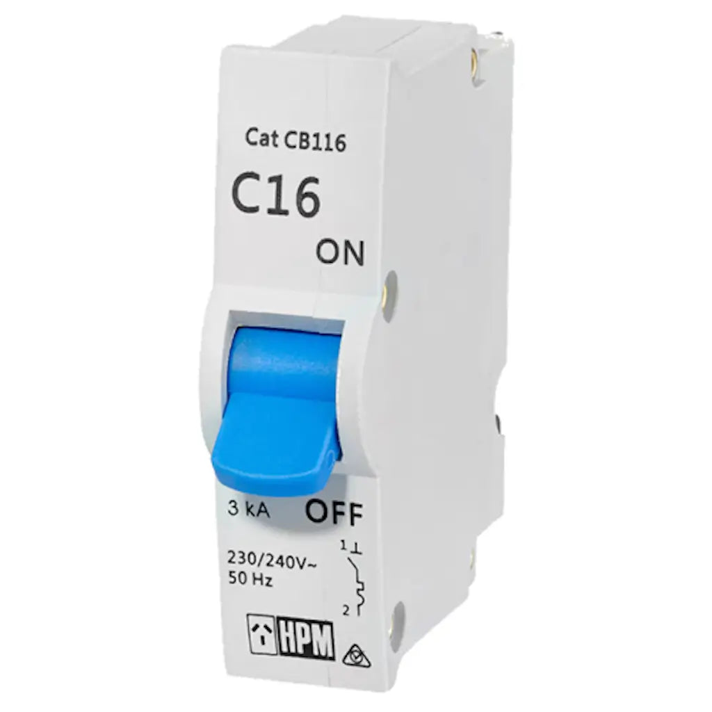 Electrical circuit breaker with blue toggle switch on a white background