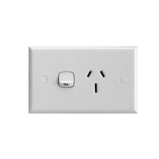 White electrical socket with a switch on a white background