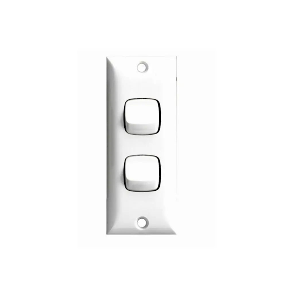 Chrome wall switch panel with two double rocker switches on a white background