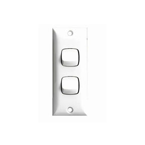 Chrome wall switch panel with two double rocker switches on a white background
