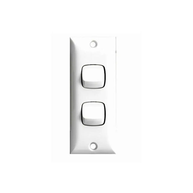 Chrome wall switch panel with two double rocker switches on a white background