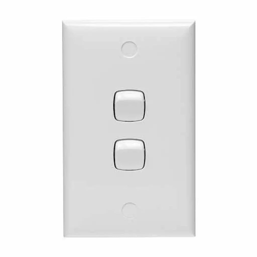 White wall switch plate with two silver rocker switches on a white background