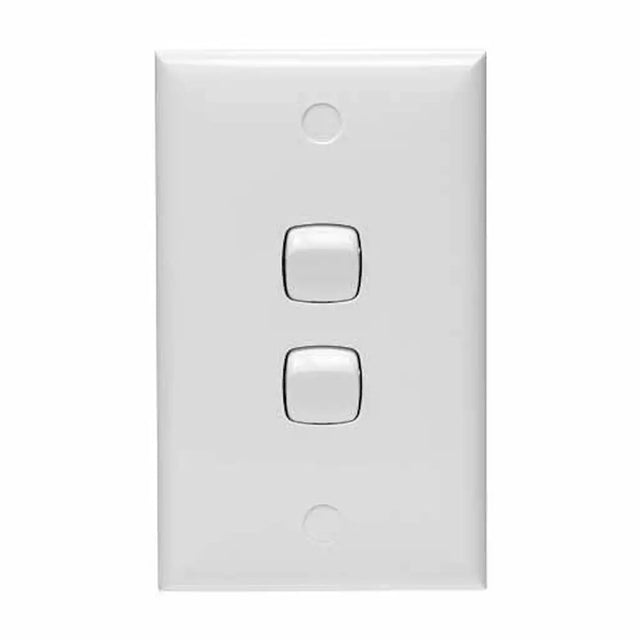 White wall switch plate with two silver rocker switches on a white background
