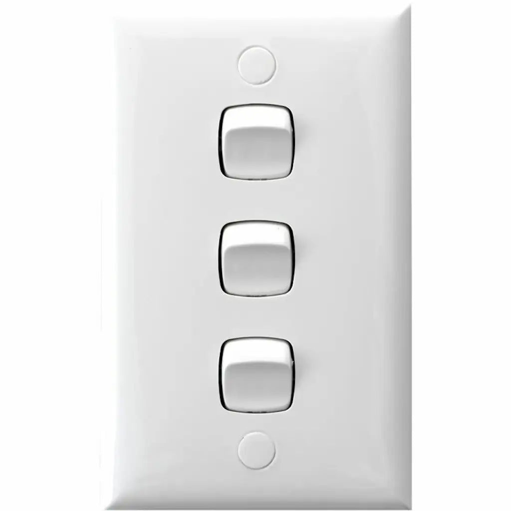 Three-button white wall switch on a white background