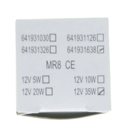 Rectangular electronic component with model numbers and power ratings on a white background