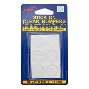 Pack of stick-on clear bumpers with blue packaging and yellow text.