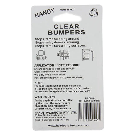Back label of clear bumpers packaging with application instructions and product details.
