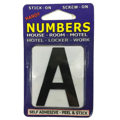 Packaged black letter 'A' with blue and yellow text on a white background