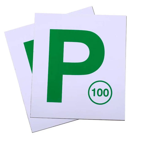 Two sheets of paper with a green 'P' and number 100 printed on them.
