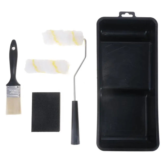 Painting tools including a brush, roller, and trays on a white background