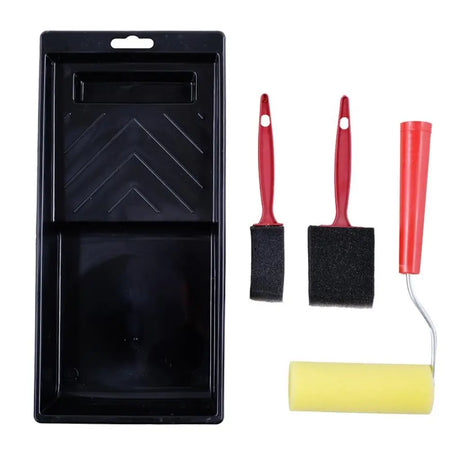 4-piece paint trim kit with black tray, foam brushes and yellow sponge roller on white background
