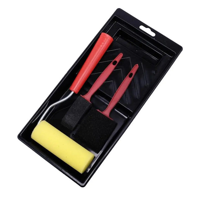 100mm sponge roller and foam brushes laid in black paint tray – Handy Hardware 4-piece kit