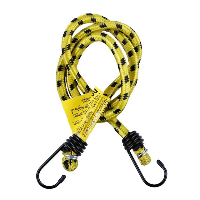 Yellow bungee cord with black hooks on a white background