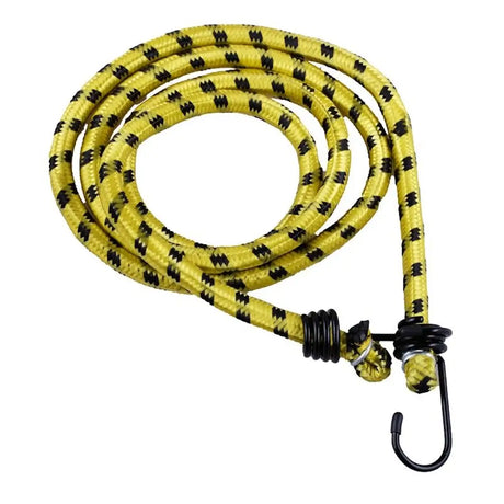 Yellow bungee cord with black hooks on a white background