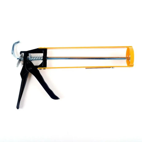 Caulking gun with black handle and yellow piston on a white background