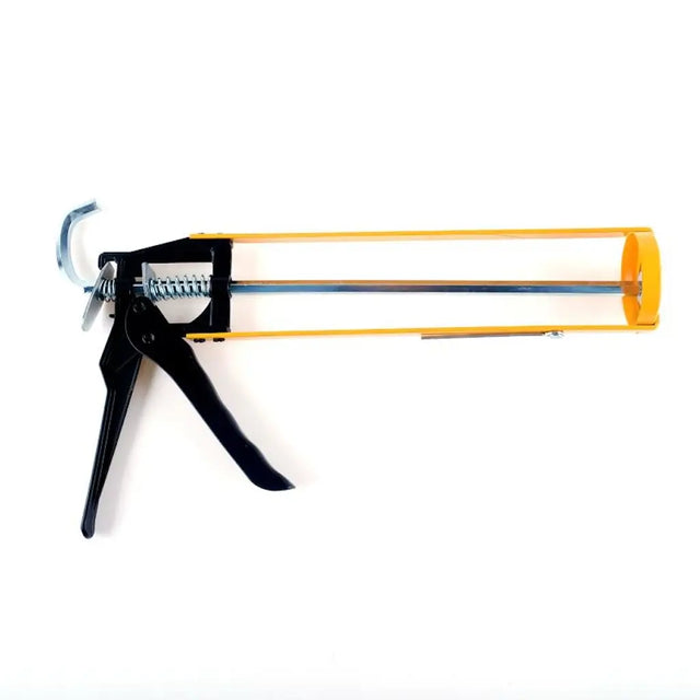  Caulking gun with black handle and yellow piston on a white background