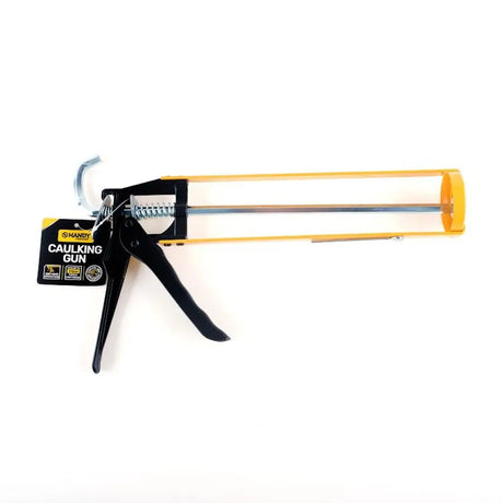 Caulking gun with a long orange piston on a white background