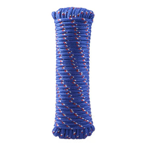 Coiled blue rope with red and white specks on a white background