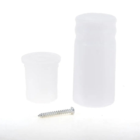 Two white cylindrical objects and a screw on a white background