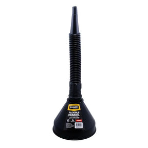 Black flexible funnel with a label on a white background