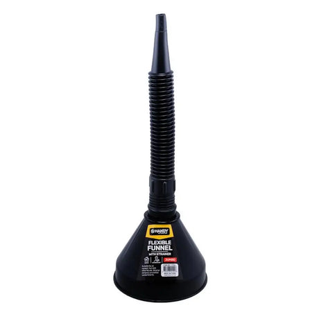 Black flexible funnel with a label on a white background