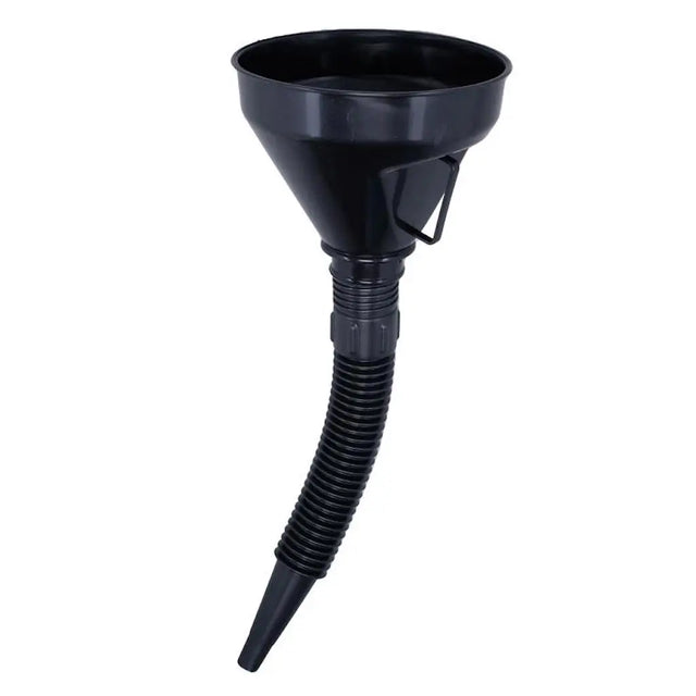 Black plastic funnel with a flexible hose on a white background
