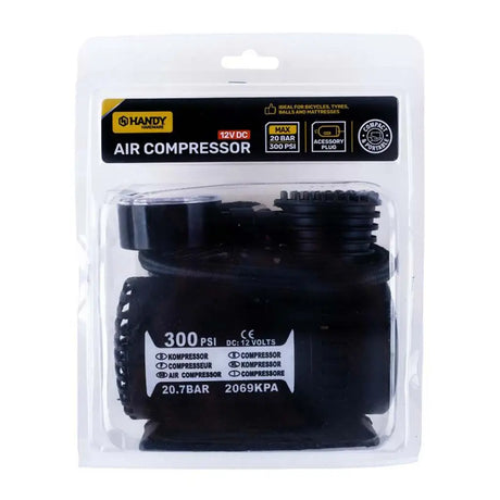 Handy brand air compressor in packaging on a white background