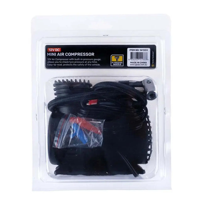 Mini air compressor in packaging with visible brand label on a white background